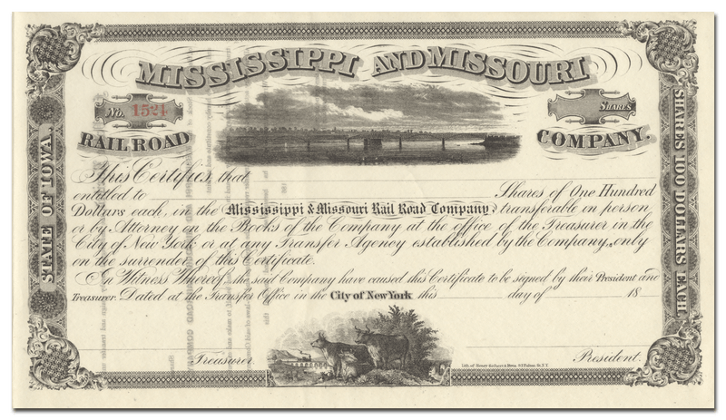 Mississippi and Missouri Rail Road Company Stock Certificate