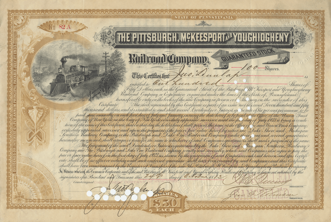 Pittsburgh, McKeesport and Youghiogheny Railroad Company Stock Certificate Signed by Frederick W. Vanderbilt