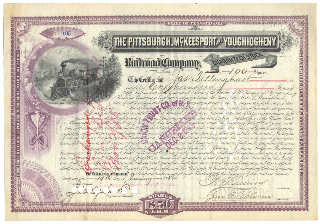 Pittsburgh, McKeesport and Youghiogheny Railroad Company Stock Certificate