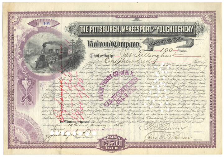 Pittsburgh, McKeesport and Youghiogheny Railroad Company Stock Certificate