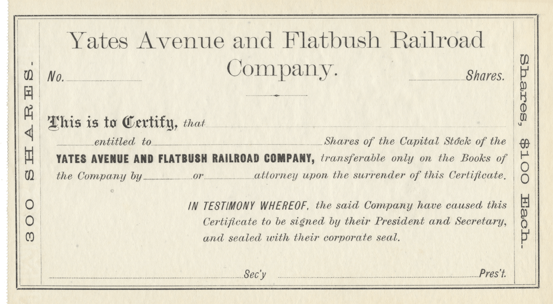 Yates Avenue and Flatbush Railroad Company Stock Certificate