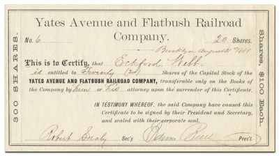 Yates Avenue and Flatbush Railroad Company Stock Certificate
