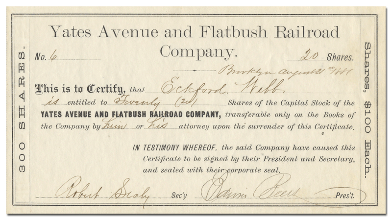Yates Avenue and Flatbush Railroad Company Stock Certificate
