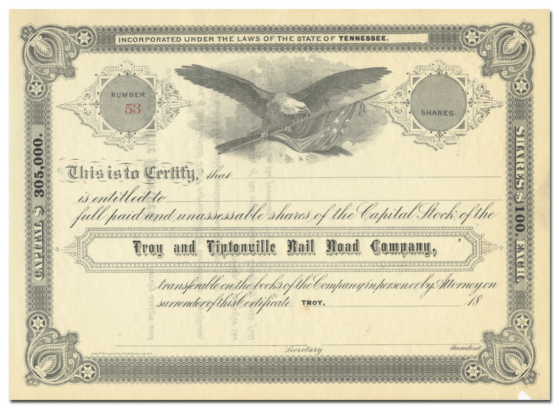 Troy and Tiptonville Rail Road Company Stock Certificate