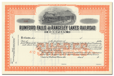 Rumford Falls and Rangeley Lakes Railroad Company Stock Certificate
