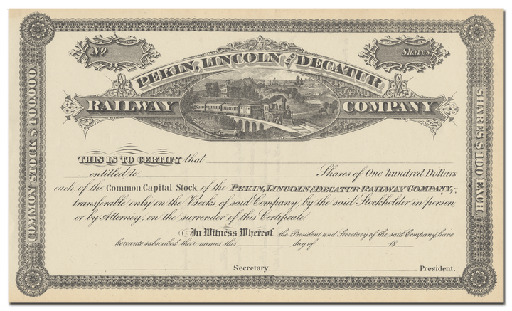 Pekin, Lincoln and Decatur Railway Company Stock Certificate