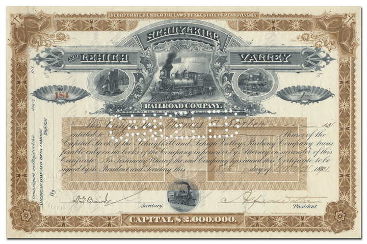 Schuylkill and Lehigh Valley Railroad Company Stock Certificate