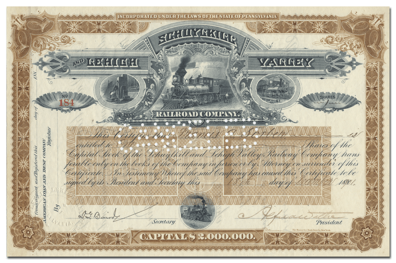 Schuylkill and Lehigh Valley Railroad Company Stock Certificate