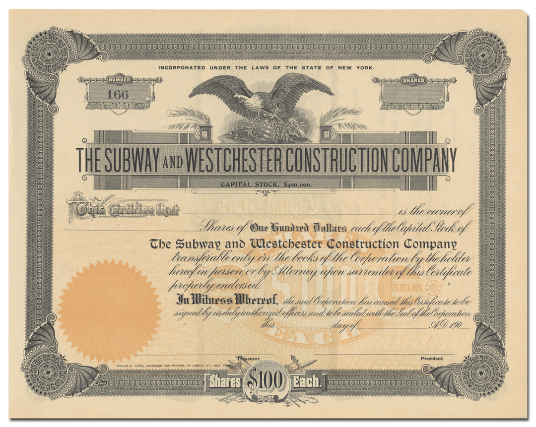 Subway and Westchester Construction Company Stock Certificate