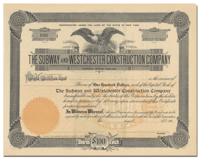 Subway and Westchester Construction Company Stock Certificate