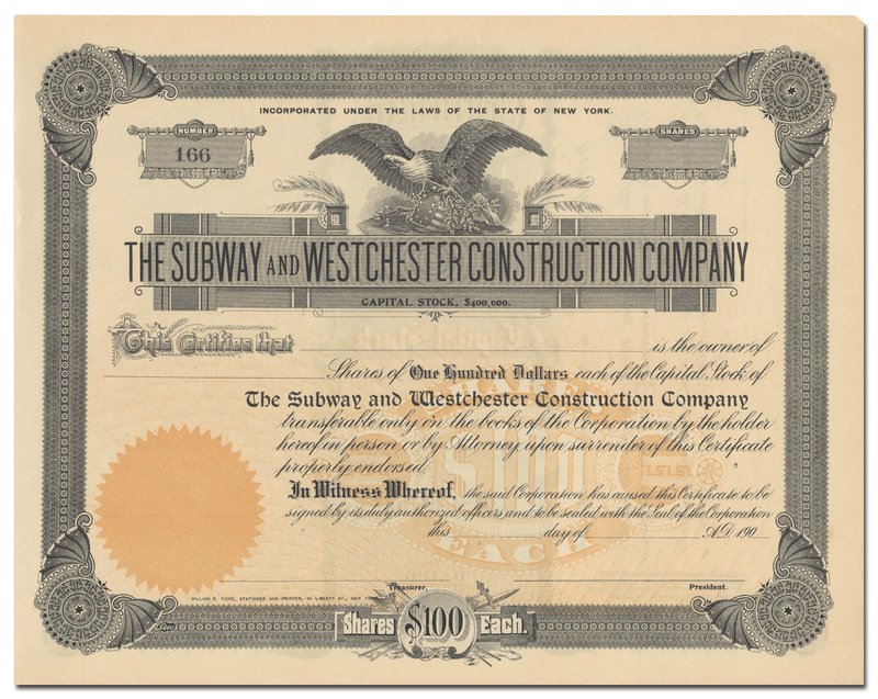 Subway and Westchester Construction Company Stock Certificate
