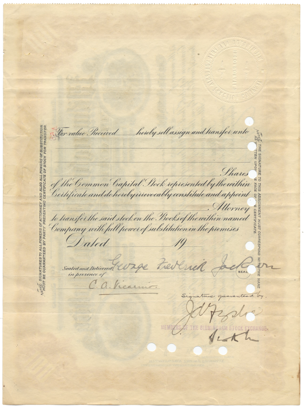 Wilmington and Philadelphia Traction Company Stock Certificate