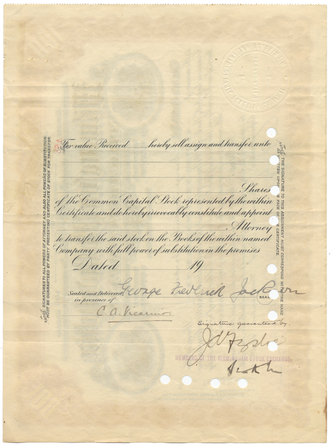 Wilmington and Philadelphia Traction Company Stock Certificate