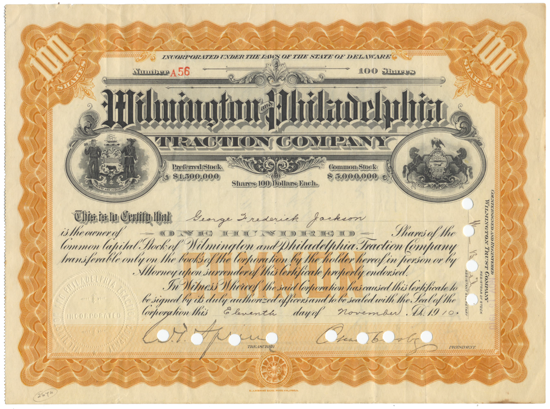 Wilmington and Philadelphia Traction Company Stock Certificate