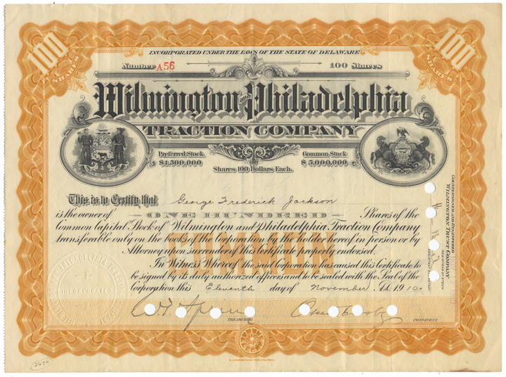 Wilmington and Philadelphia Traction Company Stock Certificate