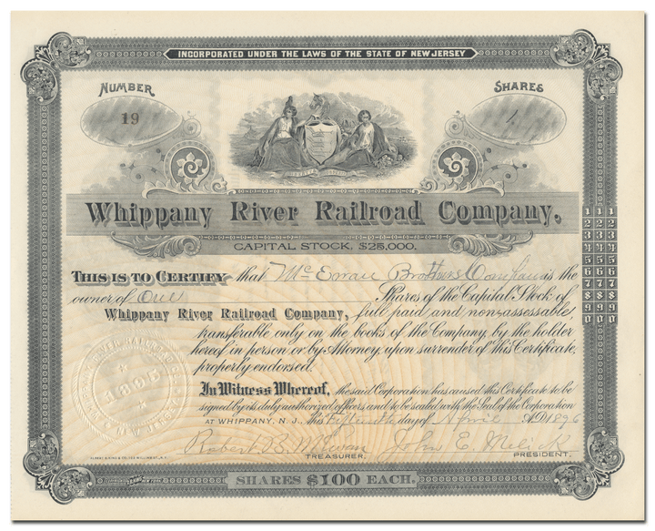 Whippany River Railroad Company Stock Certificate