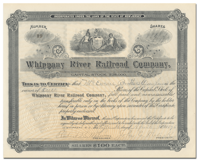 Whippany River Railroad Company Stock Certificate