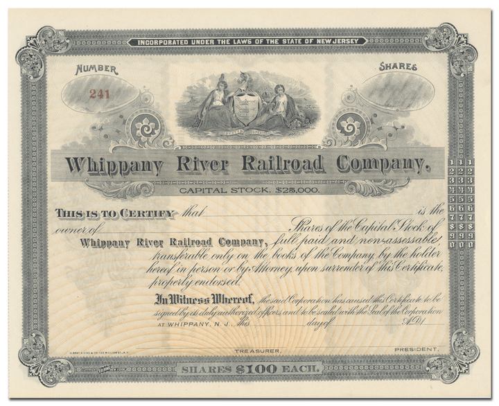 Whippany River Railroad Company Stock Certificate