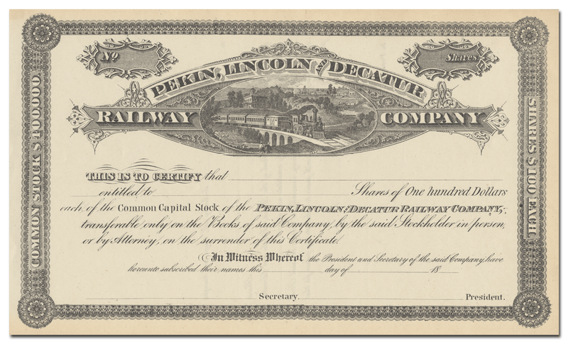 Pekin, Lincoln and Decatur Railway Company Stock Certificate