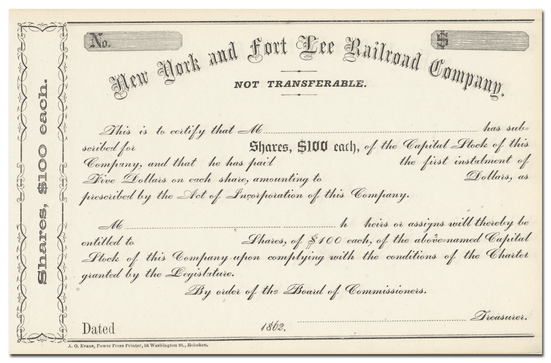 New York and Fort Lee Railroad Company Stock Certificate