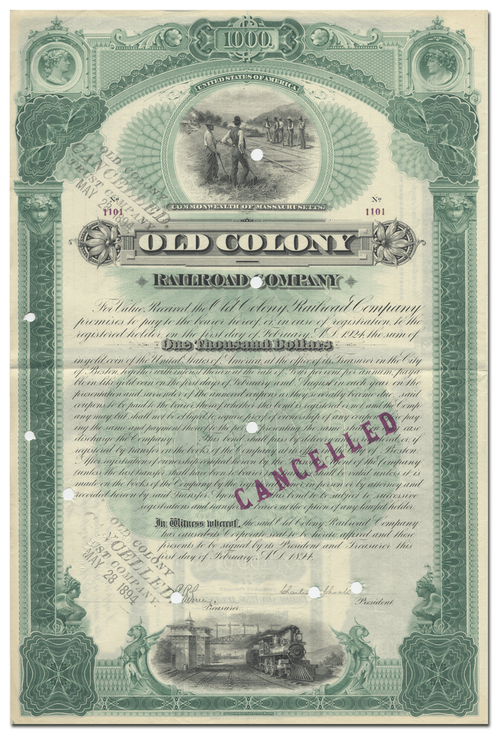 Old Colony Railroad Company Bond Certificate