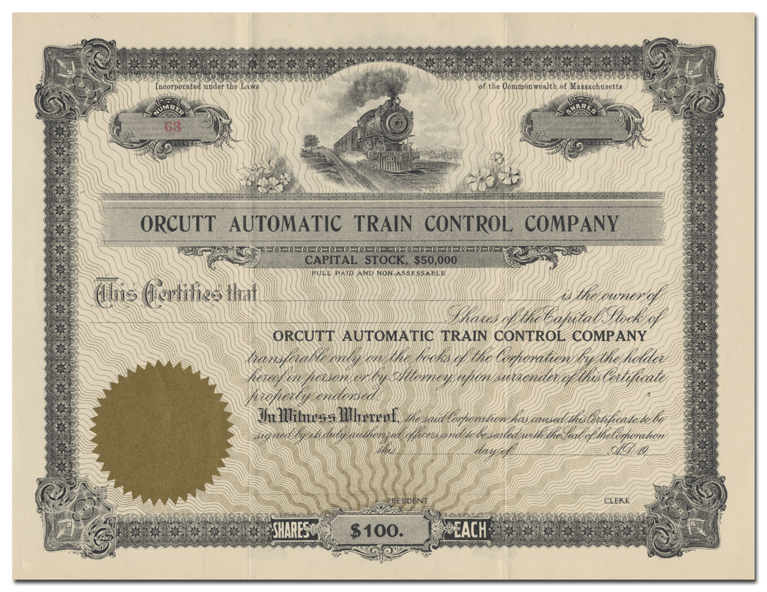 Orcutt Automatic Train Control Company Stock Certificate