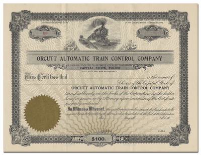 Orcutt Automatic Train Control Company Stock Certificate