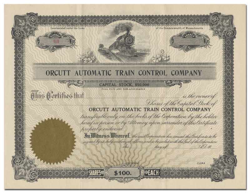 Orcutt Automatic Train Control Company Stock Certificate