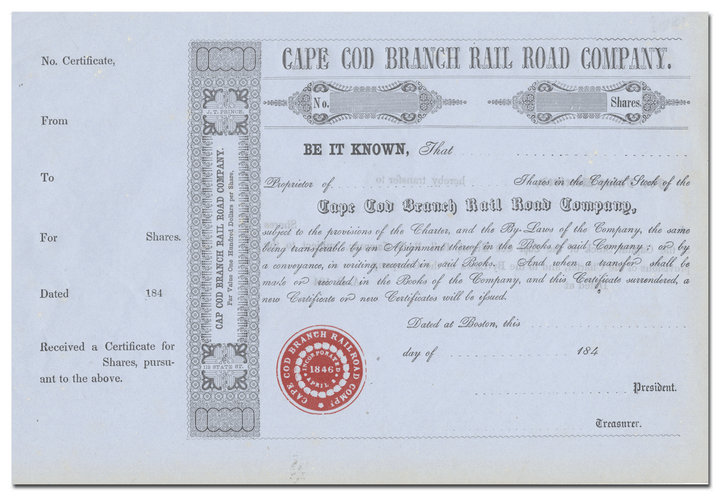 Cape Cod Branch Rail Road Company Stock Certificate