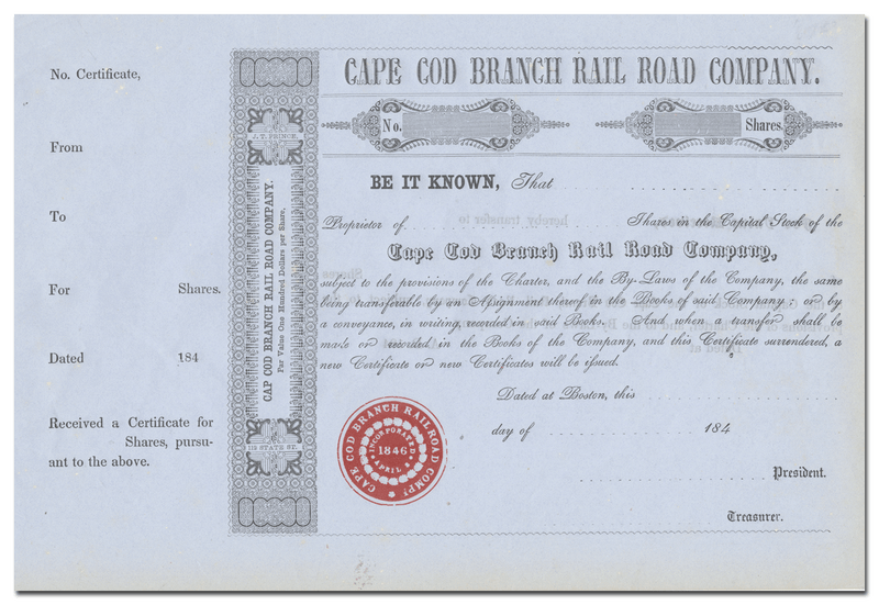 Cape Cod Branch Rail Road Company Stock Certificate