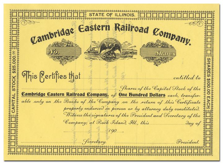 Cambridge Eastern Railroad Company Stock Certificate