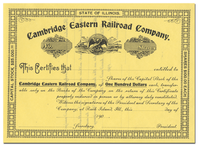 Cambridge Eastern Railroad Company Stock Certificate