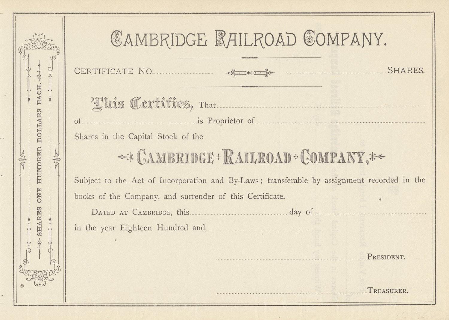 Cambridge Railroad Company Stock Certificate