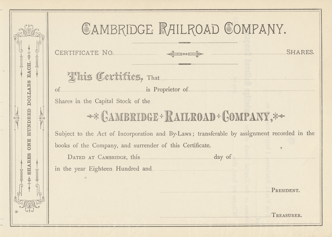 Cambridge Railroad Company Stock Certificate