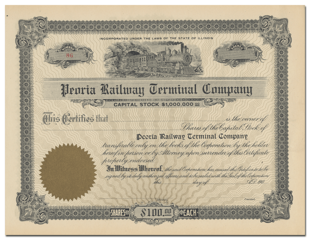 Peoria Railway Terminal Company Stock Certificate