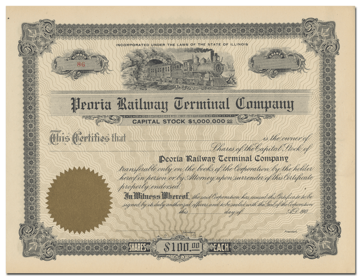 Peoria Railway Terminal Company Stock Certificate