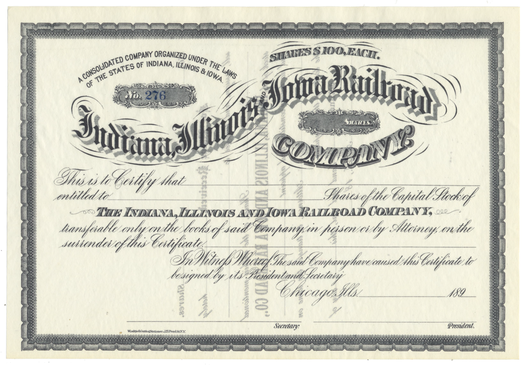 Indiana, Illinois and Iowa Railroad Company Stock Certificate