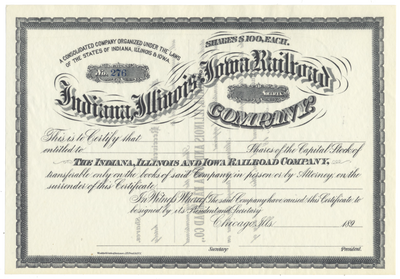 Indiana, Illinois and Iowa Railroad Company Stock Certificate