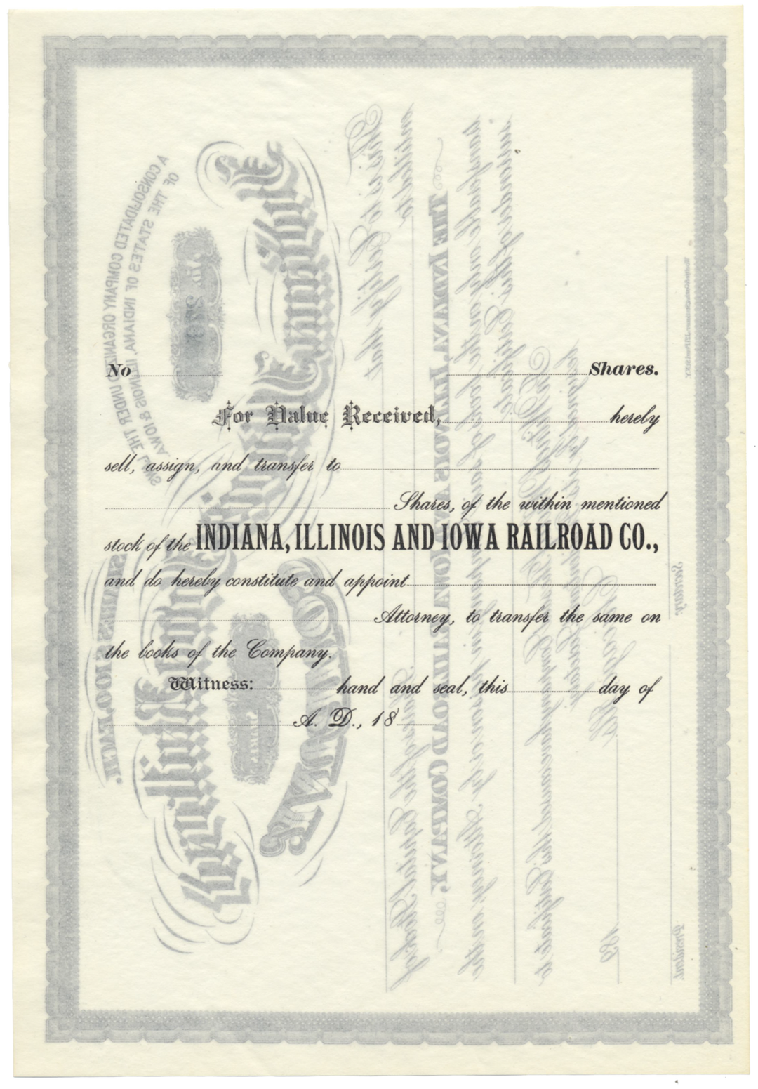 Indiana, Illinois and Iowa Railroad Company Stock Certificate