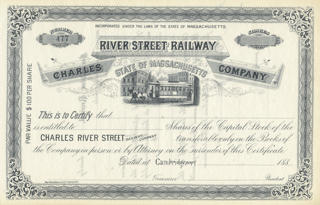 Charles River Street Railway Company Stock Certificate