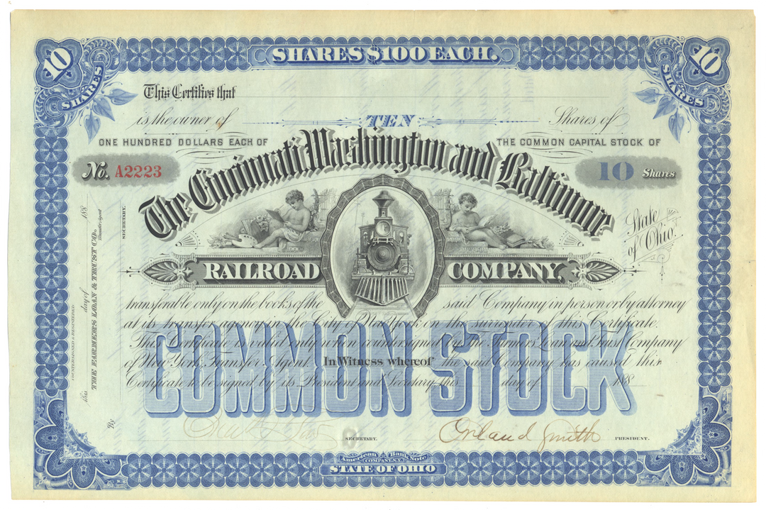 Cincinnati, Washington and Baltimore Railroad Company Stock Certificate Signed by Orland Smith