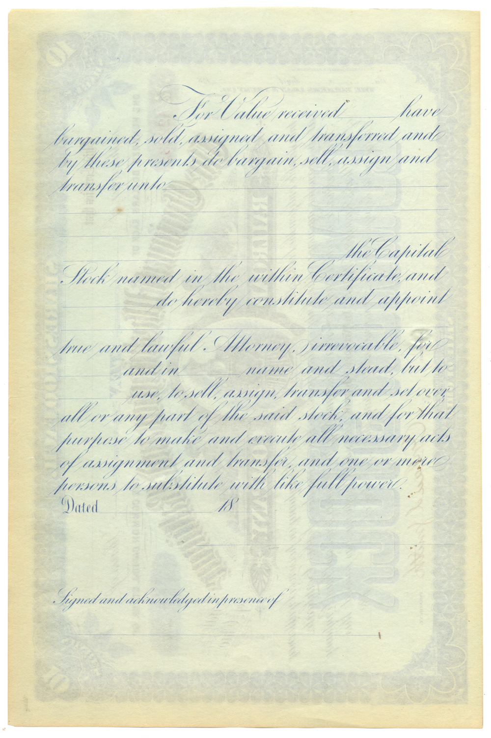 Cincinnati, Washington and Baltimore Railroad Company Stock Certificate Signed by Orland Smith