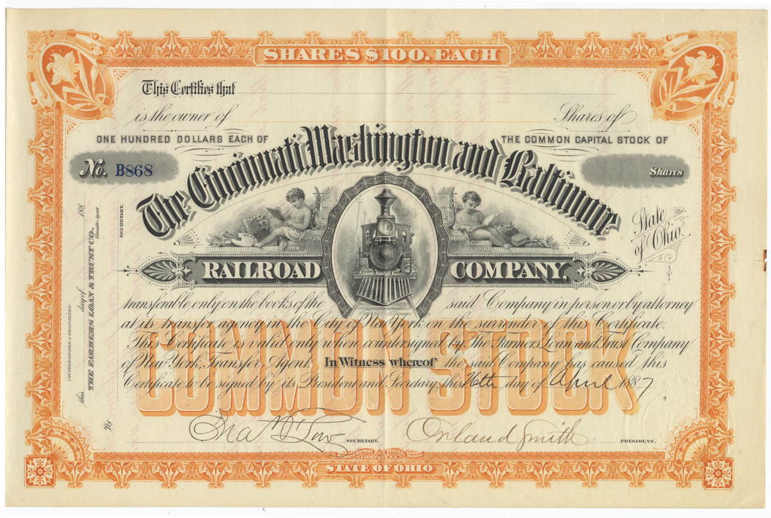 Cincinnati, Washington and Baltimore Railroad Company Stock Certificate Signed by Orland Smith