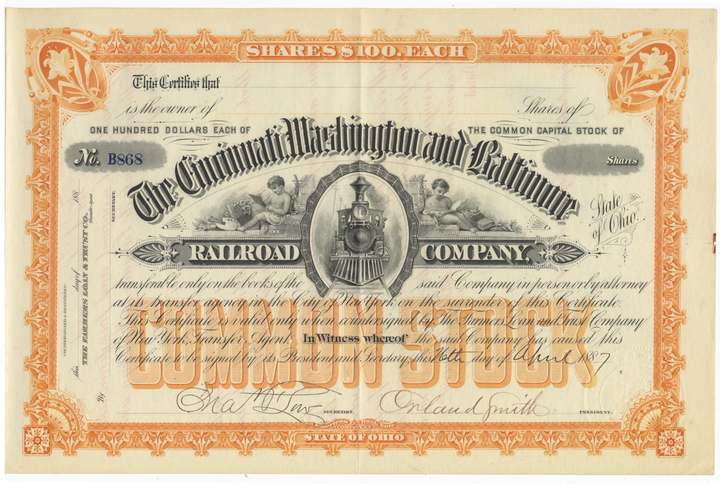 Cincinnati, Washington and Baltimore Railroad Company Stock Certificate Signed by Orland Smith