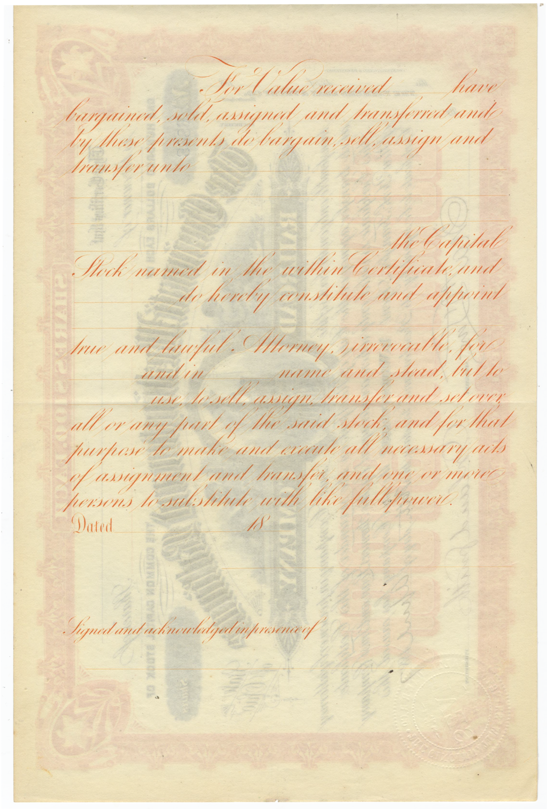 Cincinnati, Washington and Baltimore Railroad Company Stock Certificate Signed by Orland Smith