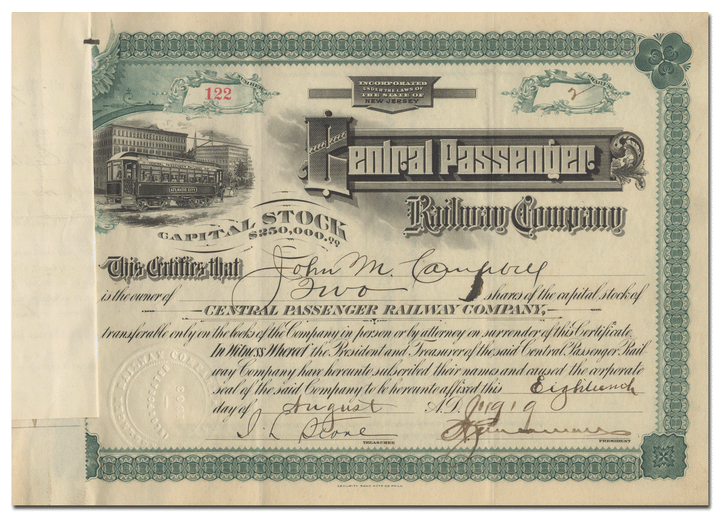 Central Passenger Railway Company Stock Certificate