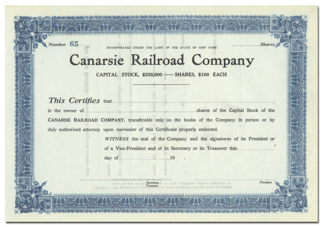 Canarsie Railroad Company Stock Certificate