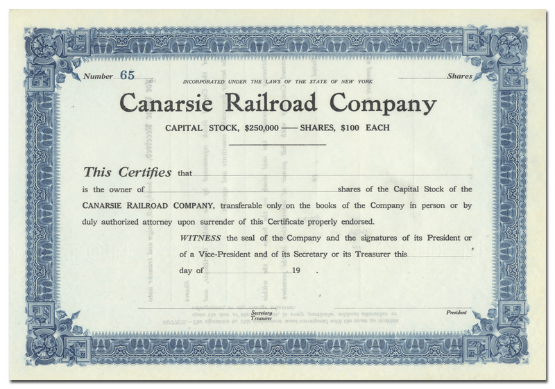 Canarsie Railroad Company Stock Certificate