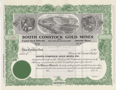 South Comstock Gold Mines Stock Certificate