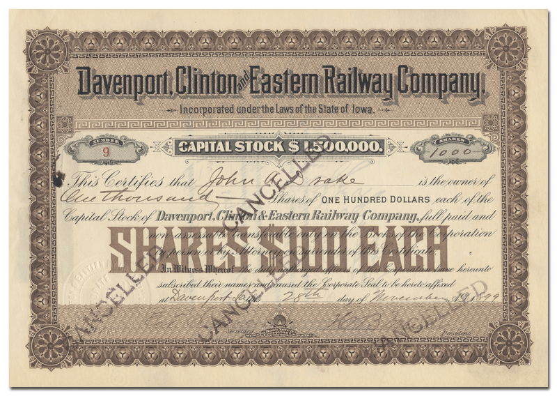 Davenport, Clinton and Eastern Railway Company Stock Certificate